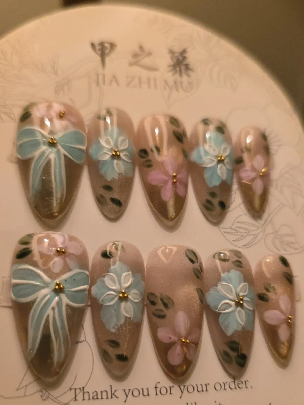 Floral Press-On Nails - Pink & Blue Size Large